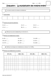 Multiplication des nombres entiers - Examen Evaluation : 7ème Harmos - PDF à imprimer