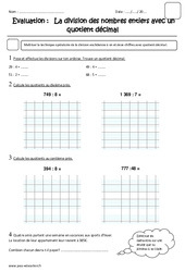 Division des nombres entiers avec quotient décimal - Examen Evaluation : 7ème Harmos - PDF à imprimer