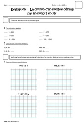 Division d'un nombre décimal par un nombre entier - Examen Evaluation : 7ème Harmos - PDF à imprimer