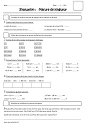 Mesure de longueurs - Examen Evaluation - Longueur cm, m, km : 7ème Harmos - PDF à imprimer