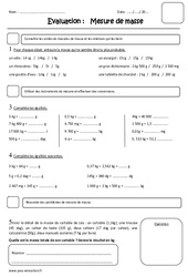 Mesure de masses - Examen Evaluation - Masse g, kg : 7ème Harmos - PDF à imprimer