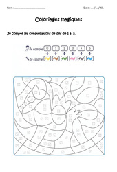 Dénombrer des constellations de 1 à 5 - Coloriage magique  : 3eme Harmos - PDF à imprimer