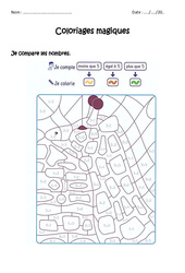 Comparer des nombres à 5 - Coloriage magique  : 3eme Harmos - PDF à imprimer