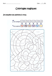 Compléter des additions à trous jusqu'à 9 - Coloriage magique  : 3eme Harmos - PDF à imprimer