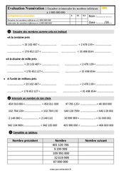 Encadrer et intercaler des nombres inférieurs à 1 000 000 000 - Examen Evaluation : 6ème Harmos - PDF à imprimer