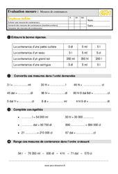 Mesures de contenances - Examen Evaluation, bilan : 6ème Harmos - PDF à imprimer