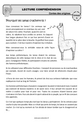 Pourquoi les lamas crachent - ils ? - Lecture compréhension - Contes des origines - Questionnaire : 6ème, 7ème Harmos - PDF à imprimer