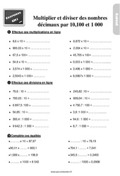 Multiplier et diviser des nombres décimaux par 10 ,100,1 000 - Exercices, révisions : 6ème Harmos - PDF à imprimer