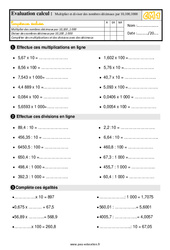 Multiplier et diviser des nombres décimaux par 10 ,100,1 000 - Évaluation, bilan : 6ème Harmos - PDF à imprimer