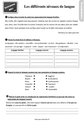 Les différents niveaux de langue - Exercices, révisions : 6ème Harmos - PDF à imprimer