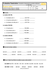 Encadrer et intercaler des nombres inférieurs à 1 000 000 - Examen Evaluation : 7ème Harmos - PDF à imprimer