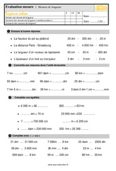 Mesures de longueur - Évaluation, bilan : 7ème Harmos - PDF à imprimer