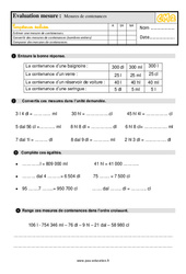 Mesures de contenance - Évaluation, bilan : 7ème Harmos - PDF à imprimer