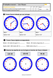 Lire l’heure - Évaluation, bilan : 7ème Harmos - PDF à imprimer