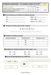 Les nombres entiers de 0 à 99 - Examen Evaluation bilan : 5ème Harmos - PDF à imprimer