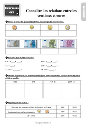 Connaître les relations entre les centimes et euros - Exercices, révisions : 5ème Harmos - PDF à imprimer