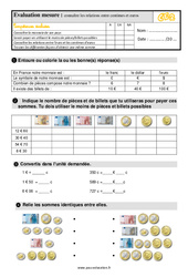 Connaître les relations entre les centimes et euros - Évaluation, bilan : 5ème Harmos - PDF à imprimer