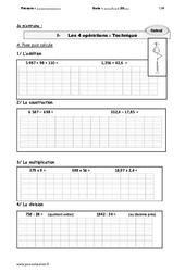 Les 4 opérations - Fiches Technique - Exercices avec le corrigé : 6ème Harmos - PDF à imprimer