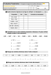 Comparer et ranger des nombres décimaux - Examen Evaluation : 6ème Harmos - PDF à imprimer