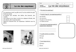 La vie des esquimaux - Lecture documentaire - Compréhension : 3eme Harmos - PDF à imprimer