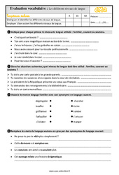 Différents niveaux de langue - Évaluation, bilan : 7ème Harmos - PDF à imprimer