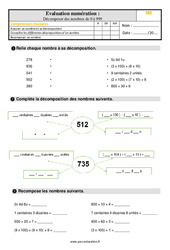 Intercaler, encadrer et placer sur la droite numérique des nombres de 0 à 999 - Examen Evaluation : 5ème Harmos - PDF à imprimer