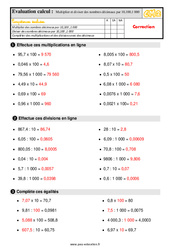 Multiplier et diviser des nombres décimaux par 10 ,100,1 000 - Évaluation, bilan : 7ème Harmos - PDF à imprimer