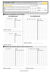 Division d’un nombre décimal par un nombre entier - Évaluation, bilan : 7ème Harmos - PDF à imprimer