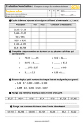 Comparer et ranger des nombres décimaux - Examen Evaluation avec la correction : 7ème Harmos - PDF à imprimer