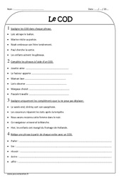 Complément d'objet direct - Exercices sur le COD : 5ème Harmos - PDF à imprimer