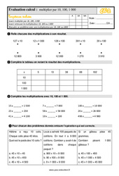 Multiplier par 10, 100, 1 000 les nombres entiers - Examen Evaluation : 5ème Harmos - PDF à imprimer