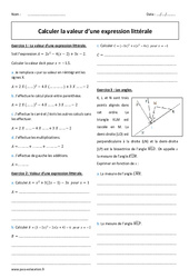 Calculer la valeur d’une expression littérale - Exercices corrigés : 10ème Harmos - PDF à imprimer