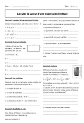 Expression littérale - Calculer la valeur - Exercices  : 10ème Harmos - PDF à imprimer