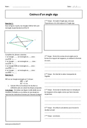 Cosinus d’un angle aigu - Exercices corrigés : 10ème Harmos - PDF à imprimer