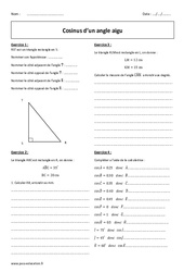 Cosinus - Angle aigu - Exercices  : 10ème Harmos - PDF à imprimer