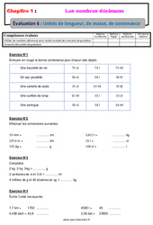 Unités de longueur, de masse, de contenance - Examen Evaluation avec la correction sur les nombres décimaux : 8ème Harmos - PDF à imprimer