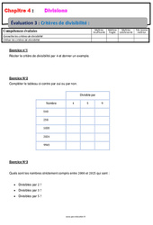 Critères de divisibilité - Examen Evaluation, bilan, contrôle avec la correction - Divisions : 8ème Harmos - PDF à imprimer