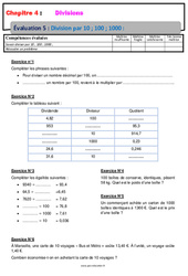 Division par 10, 100, 1000 - Examen Evaluation, bilan, contrôle avec la correction - Divisions : 8ème Harmos - PDF à imprimer