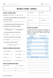 Nombres relatifs - Addition - Exercices corrigés : 9eme Harmos - PDF à imprimer