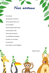 Nos animaux de Virginie Fournier - Poésie animaux - Fiches    : 5ème, 6ème, 7ème Harmos - PDF à imprimer