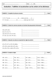 Addition et soustraction des décimaux et entiers - Examen Contrôle : 8ème Harmos - PDF à imprimer