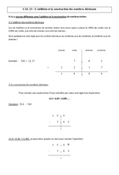 Addition et la soustraction des nombres décimaux - Cours, Leçon - Calculs : 6ème, 7ème Harmos - PDF gratuit à imprimer