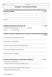 Homonymes lexicaux - Examen Evaluation  : 8ème Harmos - PDF à imprimer