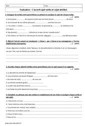 Accord sujet - verbe et sujet - attribut - Examen Evaluation : 8ème Harmos - PDF à imprimer