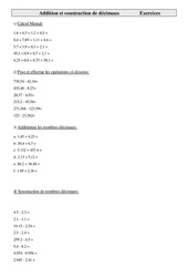 Addition et soustraction de décimaux - Exercices - Numération : 6ème Harmos - PDF à imprimer