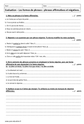 Formes de phrases - Examen Evaluation  : 8ème Harmos - PDF à imprimer