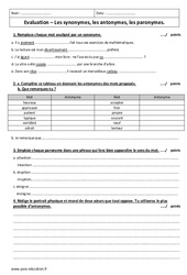 Synonymes, antonymes, paronymes - Examen Evaluation : 8ème Harmos - PDF à imprimer