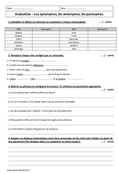 Antonymes, synonymes et paronymes - Examen Contrôle avec corrigé : 8ème Harmos - PDF à imprimer