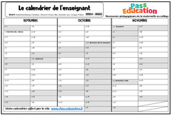 Calendrier de l'enseignant  2024 - 2025 - Zone A - B - C : 3eme, 4ème, 5ème, 6ème, 7ème Harmos - PDF à imprimer