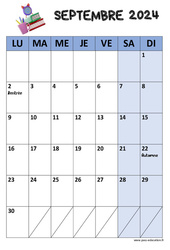 Calendrier perpétuel illustré par mois zone A - B et C - 2024 - 2025 : 3eme, 4ème, 5ème, 6ème, 7ème Harmos - PDF à imprimer